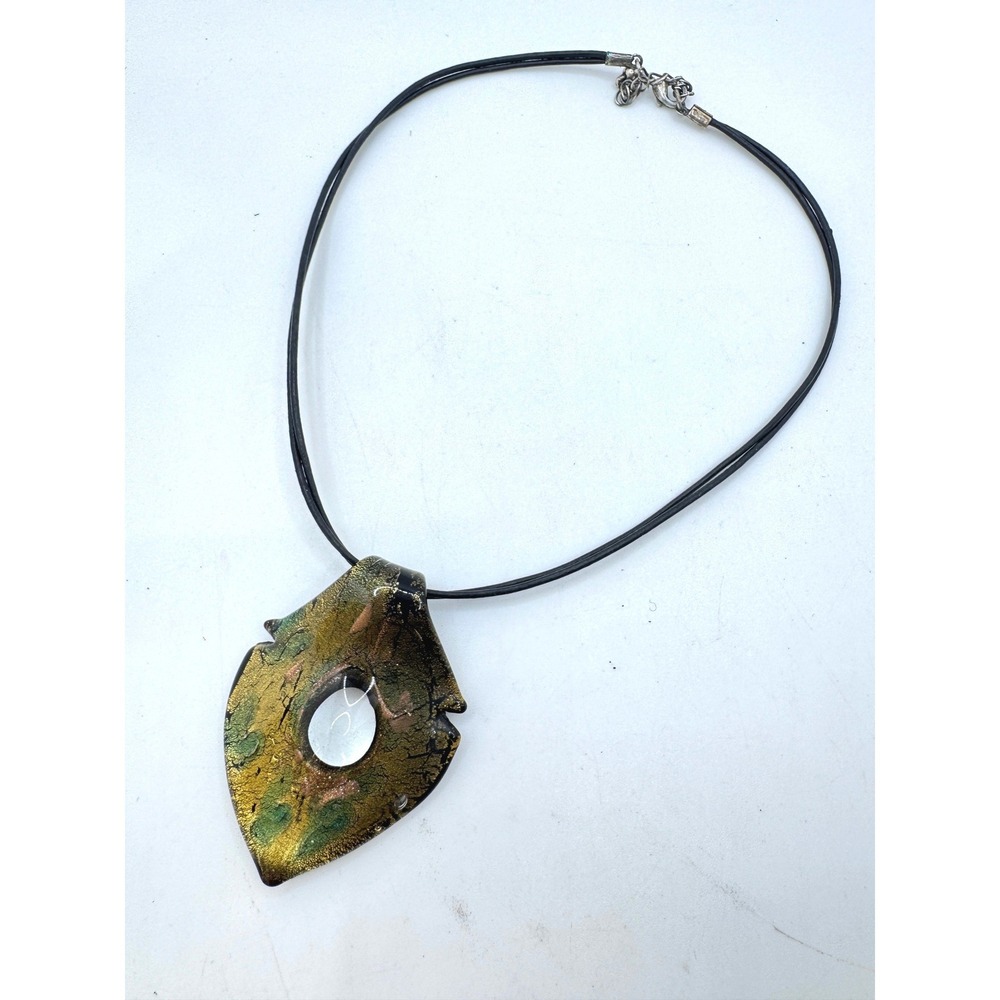 Artisan Dichroic Glass Arrowhead Pendant Necklace Gold Green Black Cord Artisan